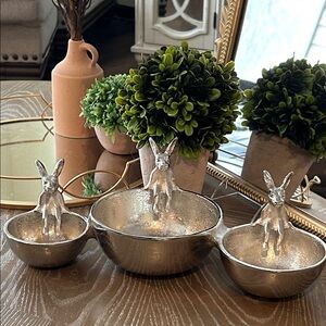 NEW! Vintage Inspired Cast Metal Silver Spring Bunny Rabbit Trio Bowl